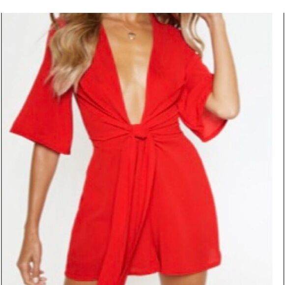 PrettyLittleThing Red Plunge Jumpsuit - Picture 1 of 4